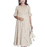 SAM&co (サムアンドコー) マタニティドレス ３色展開 ウエストフリー オフショルダー ストレッチ シャーリング 花柄 マキシ (グレー)