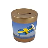 The Swedish flag on a boat on Oresund Strait、Ven島で背景、sweden. Golden Money Bank