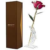 ゴールドローズ、DeFaith 24 KゴールドトリムLong Stem Real Rose with moon-shapeスタンド。生涯最後します。GREAT記念日ギフト ピンク GDRose-DP