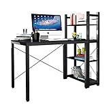 DlandHome パソコンデスク 収納ラック付 幅88.5cm 木製 左右入れ替え対応 PCデスク ブラック D-H02 (ブラック, 90CM)