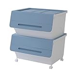 山善(YAMAZEN) オープンボックス フタ付き収納ボックス 2個組 深型 ワイド キャスター付き サンドブルー