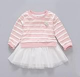 （ AngelKids ） ベビー キッズ ドッキング ボーダー 長袖 ワンピース レース スカート 80㎝ 90㎝ 100㎝ (100, ピンク)