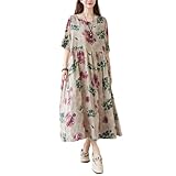 [VaTcsAxg] 花柄ワンピース レディース ワンピース 半袖 クルーネック Vネック ロングワンピース 綿麻 リネンワンピース ゆったり おしゃれ カジュアル フリーサイズ 夏 秋 春(Free Size, カーキ)