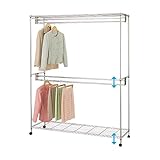 インテリア 家具 便利 おしゃれ 1.5倍掛頑丈ハンガーラック 【8： 幅151cm/2段掛け】 スチール製 カバー/棚/キャスター付き 高さ調節可
