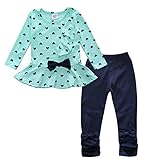 (ビグッド)Bigood かわいい 女の子 Ｔシャツ＋ロングパンツ 上下 2点セット セットアップ ハート柄 フリル 子供服 カジュアル（グリーン・90）