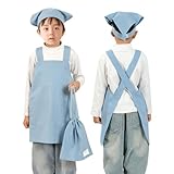 [Poweforest] エプロン 子供 キッズ 三角巾 巾着袋 3点セット 男の子 女の子 小学生 中学生 肩掛け バッククロス ポケット付き おしゃれ 可愛い 着脱簡単(ブルー無地, L/140-160CM)