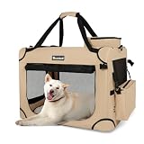 Totoro ball ソフトクレート 中型犬 犬用クレート 犬用キャリーバッグ 犬 キャリーケース 折りたたみ 犬 車用ケージ 5面メッシュ 頑丈耐久 ロック付き 給水ボトルバンド付き 中型犬・猫2匹 15kgまで『トランク、旅行、避難、室内外兼用！』 (ベージュ, L（70L x 52W x 52H cm）)