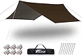 FIELDOOR ヘキサ タープ Lサイズ 530×570cm 【ダークブラウン】 収納 キャリーバッグ＋ロープ＋ペグ＋アルミ自在金具付 6～8人用 UVカット シルバーコーティング