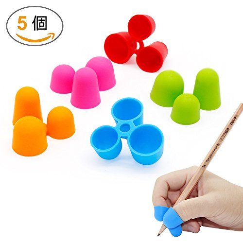 Jimjis 鉛筆持ち方 ペングリップ 持ち方くん 鉛筆グリップ 筆記矯正器具 大人用 子供用 柔らかい 筆圧 疲労を軽減 リング 左右利き 面白い勉強セット カラフル 三指入り5色 ５個 文具百貨