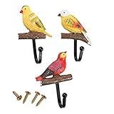 3のセット装飾壁フック – 素朴なアイアンフック、Shabby Chic Birdフックのキー、帽子、コート、スカーフ、黄色と赤