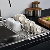 ステンレス製伸縮式食器乾燥ラック シンク上設置可能 野菜果物すすぎ用 折りたたみ水切りラック 食器収納トレイ キッチンストレーナー オーガナイザー付き乾燥ステーション