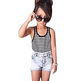 Domybest子供服　女の子　セットアップ キッズ服　キッズTシャツ Tシャツ ボーダーシャツ　タンクトップ+デニムショートパンツ　上下 2点セット 赤ちゃん　キッズ　ガールズ　カジュアル　お出かけ
