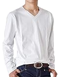 (アローナ)ARONA ストレッチTシャツ 無地 長袖Tシャツ ロングTシャツ クルー Vネック メンズ /M1.5/ VネックFホワイト LL