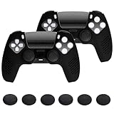 PlayVital ps5コントローラー対応用保護カバー、改良型シリコンカバー充電ステーションに対応、サムグリップキャップ12個やステッカー4枚付属、3Dスタッド加工、グリップ付き滑り止めや耐衝撃コントローラーグリップカバー【ブラック】2セット