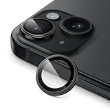 JETech iPhone 15 6.1インチおよび iPhone 15 Plus 6.7インチ用 カメラレンズ保護フィルム 1:1インビジブルフィット 9H強化ガラス製 個別の金属リングカバー ガイド枠付き HDクリア 1セット (ブラック)