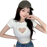 [PPCR] レディース ハート 胸開き Tシャツ 半袖 クロップド丈 コットン セクシー ヘソ出し トップス タイト ちびT ショート丈 スリム コスプレ (ホワイト, XL)