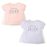 (ピンク/90cm)ベビー服 女の子 Tシャツ 半袖 チュールレース パフスリーブ袖 ロゴプリント スナップボタン付 女児 ベビー