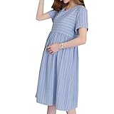XFY マタニティ ワンピース ロング チュニック 体型カバー ゆるふわ 大きいサイズ 産前 産後 妊婦用 ルームウェア 上品 夏 膝丈 半袖 (ブルー, M)