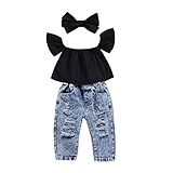 Dourabbi 子供服 赤ちゃん 新生児 幼児 夏 かわいい オフショルダー トップス デニムパンツ 服 セット (120, ブラック)