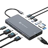 ノートパソコン用ドッキングステーション3モニター、4K@120Hzデュアルディスプレイポート、4K@60Hz HDMI、12-in-1 USB Cハブ、10Gbps USBC 3.2、USB 3.0、PD100W、イーサネットSD/T、トリプルモニタードックマルチポートアダプター、Windows用。