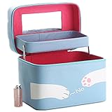 CXYP　化粧ボックス　メイクボックス　化粧品ボックス　コスメボックス　小物入れ　大容量　二段タイプ　取っ手付　携帯に便利　可愛い　ネコちゃん (ブルー)
