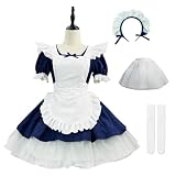 [JUNDOMECY] メイド服 コスプレ 可愛い 天使 メイド セクシー 紺 ミニ丈 大きいサイズ 女装 ハロウィン 仮装 クラシック アリス風 ロリータ フリル エプロン パニエ付き ストッキング イベント メイドカフェ 喫茶店 パーティー (L)
