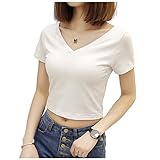 [G-tiamo] [ジーティアモ] 半袖 レディース Vネック Tシャツ ショート丈 カットソー トップス ストレッチ 無地 カジュアル インナー 薄手 シンプル カワイイ ネック タイト 短め 丈 オフィス エレガント セクシー クロップド 半そで お出かけ 通勤 T シャツ ショート しゃつ 透け (L, ホワイト)