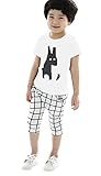 Plus Nao(プラスナオ) 子供用 上下セット キッズ ジュニア 半袖Tシャツ クロップドパンツ 2点セット セットアップ イラスト Tシャツ サルエ ホワイト×ブラック 110