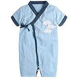 ベビー ロンパース 半袖 ショートオール 男の子 カバーオール 前開き 夏 甚平風 着物 中国風 ベビー服 綿100% (ブルー, 80CM)