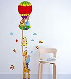 bibitime Cartoon高さチャートステッカーホットエアバルーン壁デカール子供の部屋の装飾成長チャートキリンKoala Bear Woodpecker CowライオンHippo Monkey動