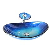 Homelava 現代　手洗い器＆蛇口セット　洗面ボウル　洗面器　バスルーム　洗面台　洗面用　強化ガラス製　楕円形　排水金具付　ブルー
