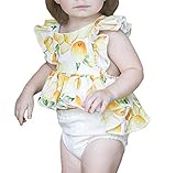 レモンパターン トップ ショーツ 赤ちゃん 女の子 スカートトップ ガーデンカラー ロータスリーフスリーブ イエロー 上下2セット0〜24ヶ月 2〜3歳 (18-24ヶ月, イエロー)