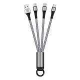 GSPOWER 3in1充電ケーブル 13.5cm Phone用 Type-C用 microUSB用 4色から選べる 充電 1つで3役 過充電防止 超小型 持ち運び便利 ナイロン素材 スタイリッシュ (シルバー)