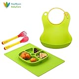 Raymoon ベビー　食事用 　防水 エプロン　食器 　シリコン製　大きいポケット付き 軽くて柔らかい 可愛い動物柄　食事こぼしキャッチ　持ち運び便利　プレゼント　出産祝い　洗濯可　お手入れ簡単　フ