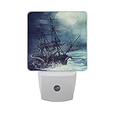 AlazaヴィンテージNight Ship with OctopusプラグインLED Dusk to Dawnセンサーナイトライト、cool-touchデザイン壁階段用ライト寝室キッチン、廊下、または