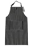 KISSTYLE レディース エプロン 首かけ シンプル ストライプ柄 キッチン カフェ 料理 作業 フリーサイズ (ブラック&ホワイト)