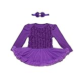 ALLAIBB ベビーワンピース 女の子 長袖 チュチュスカート ヘアバンド ロンパース バラ柄 紫 (M:3-6M)