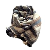 [.a all over the world] ポンポン ストール スカーフ 大判 ストライプ ボーダー コットン シルク (ブラックマルチ)