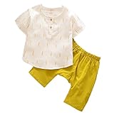夏子供Ｔシャツ+パンツ ベイビー服 Pojour 1-6歳キッズ用かわいい服 男女兼用2セット 子供ギフト 綿麻 通気 黄色(110cm)