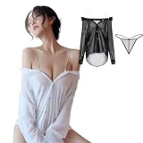 [RTYOUTH] 彼シャツ 大きいサイズ コスプレ セクシー ol 秘書 白シャツ Tシャツ 肩ストラップ付き 透け シースルー コスチューム レディース ぽっちゃり Yシャツ 透け感 シルク風 お泊りシャツ エッチ（ブラック）