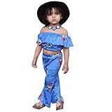 Kunton❤️かわいい 子供 の ノースリーブ 1 字 肩 の デニム 染色 の 上着 + ラッパ ズボン の ズボン の 2 つ の セット (4T/120)