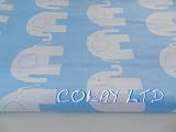 100% Cotton Printed Fabric Material - by the METRE -wide 160 cm (64) (Blue Elephants) by COKAY LTD