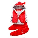 (チェリーレッド)CherryRed ベビー服 女の子 スウェット ズボン ベスト フード付き 3点セット 裏起毛 厚手 鹿 赤 100