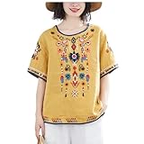 レディース トップス エスニック 刺繍 花柄 綿麻 アジアン 半袖 リネン ゆったり チュニック シャツ プルオーバー ラウンドネック (2XL, イエロー)
