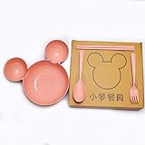 ベビー食器 ミニーマウス 小麦ストロー材料 ボウルフォークスプーン箸 4点セット 桜色