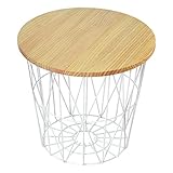 バスケットテーブル 420×420×390mm （ホワイト）サークル型 ワイヤー 収納 蓋付き カゴ インテリア シンプル モダン サイドテーブル