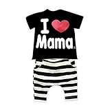 powerya　子供服　男女共用　２点セット　ｔシャツ　ズボン　I love mama I love papa ストライプ　綿　夏　半袖　超可愛い　2－7才　２色　５サイズ選択 (120, ブラックI