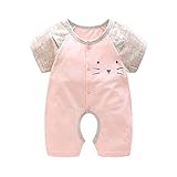 YUEGUANG ベビー服 半袖カバーオール 夏 前開き 可愛い ネコ プリント カジュアル 新生児 赤ちゃん ロンパース コットン 柔らか 男の子 女の子 出産祝い プレゼント (ピンク, 100c
