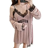 [Teddy] パジャマ ワンピース キャミソール レディース ガウン 紐 3点セット 中厚手 ゆったり 春夏秋 roomwear090 (ピンク, L, l)