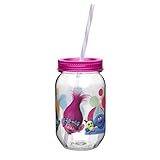 Kids Trolls Mason Jar Cup with Screw on蓋、ストロー、Break Resistant Jar